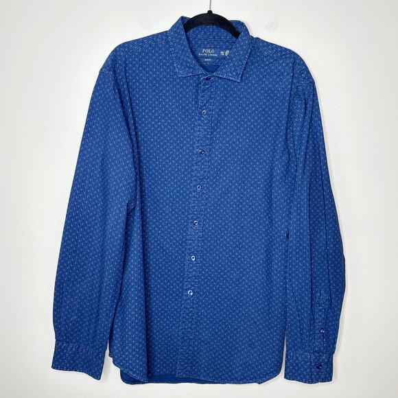 Polo Ralph Lauren Men's XXL Slim Fit Cotton Blue All-Over Print Button Up Shirt - Picture 2 of 7